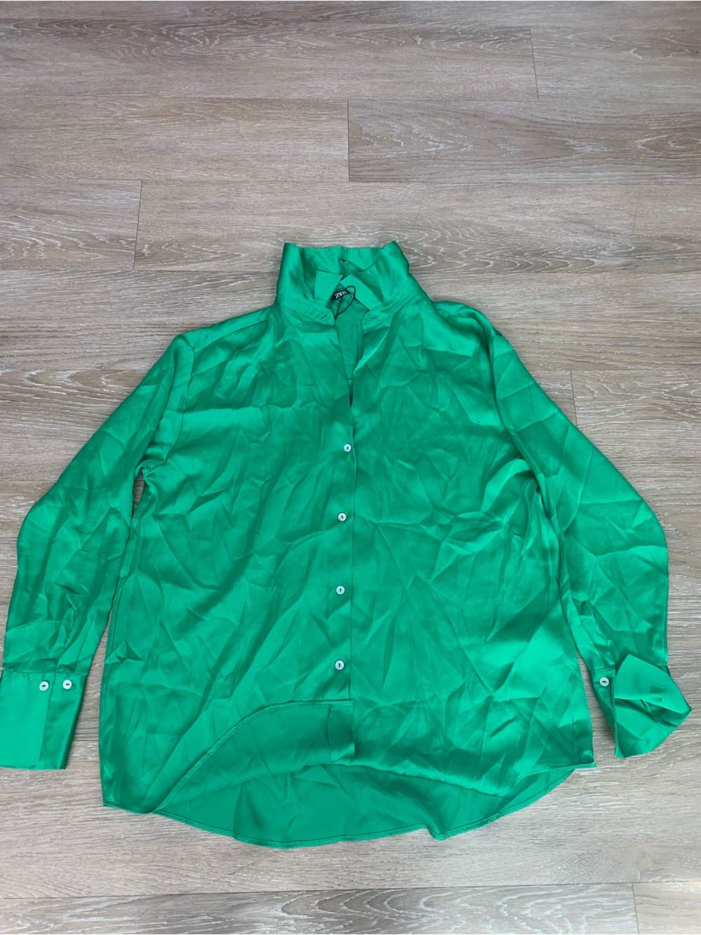 Zara Bright Green Satin Button-Down Shirt Size M